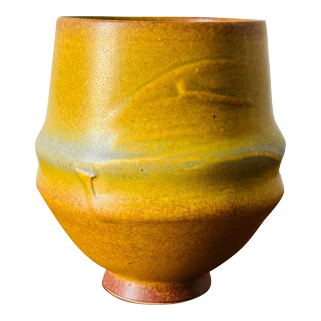 Signed Mustard Yellow and Robins Egg Blue Studio Pottery Vessel For Sale