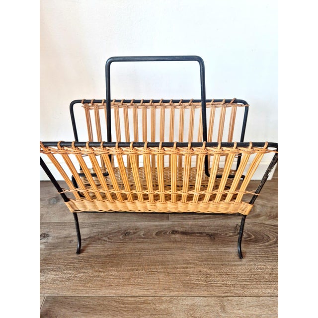 Wood Mid-Century Modern Woven Rattan and Black Wrought Iron Magazine Rack, 1950s For Sale - Image 7 of 12