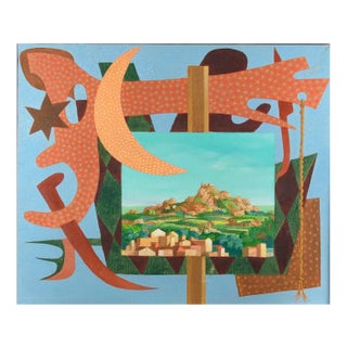 Leo Guida, Italian Landscape with Signals, Original Oil on Canvas, 1984 For Sale