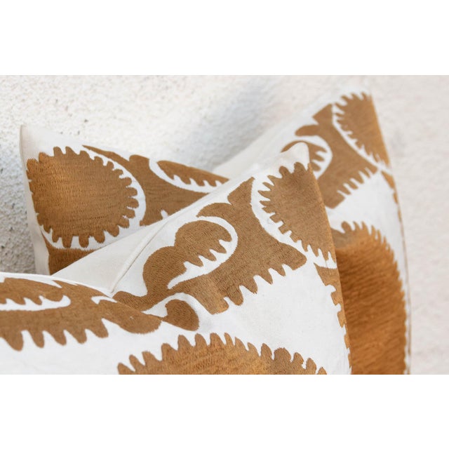 Contemporary Pair of Gold & White Medallion Suzani Pillow Covers For Sale - Image 3 of 9