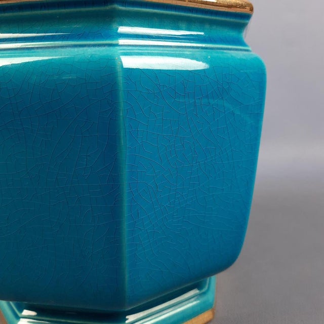 Vintage Octagonal Ceramic Vase in Turquoise Gold Crackle SC3 N.849, Italy, 1950s For Sale - Image 10 of 14