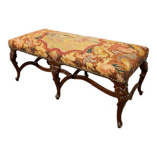 Antique French Style Carved Wood & Needlepoint Tapestry Bench For Sale