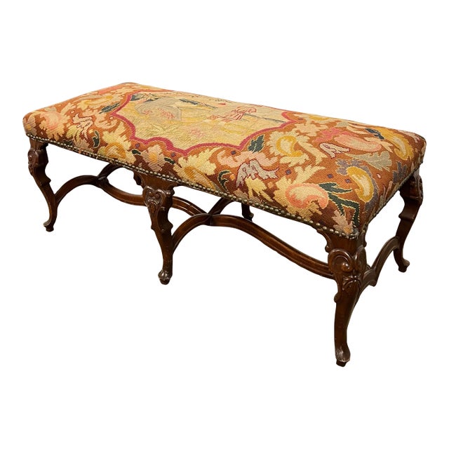 Antique French Style Carved Wood & Needlepoint Tapestry Bench For Sale