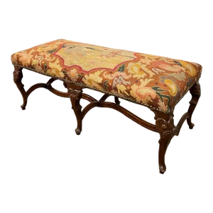 Antique French Style Carved Wood & Needlepoint Tapestry Bench