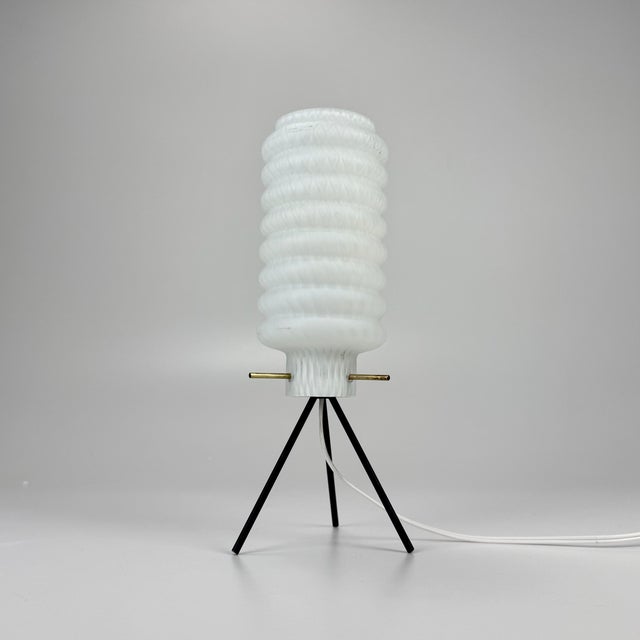 Mid-Century Italian White Glass Tripod Table Lamp, 1960s, in Good conditions. Designed 1960 to 1969 European Plug (up to...