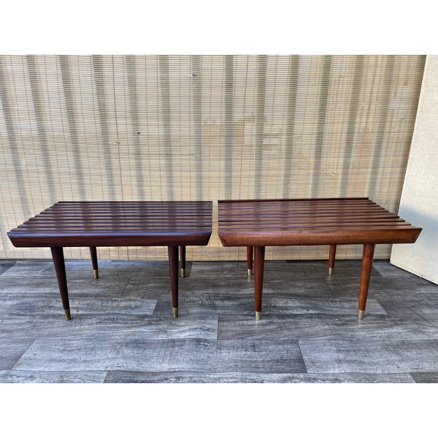 A Pair of Newly Restored Mid Century Modern George Nelson Style Wood Slat Benches / Side Tables. For Sale - Image 10 of 18
