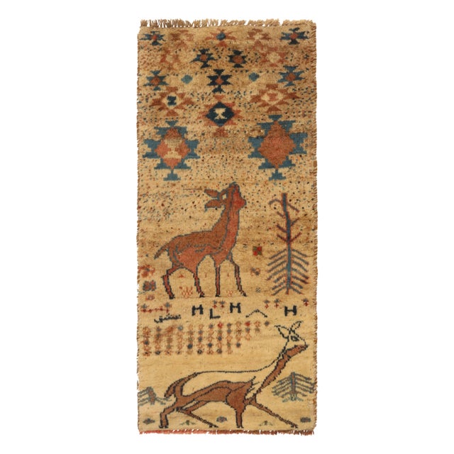 Textile 1950s Vintage Gabbeh Tribal Runner in Beige-Brown and Blue Deer Pictorial For Sale - Image 7 of 7