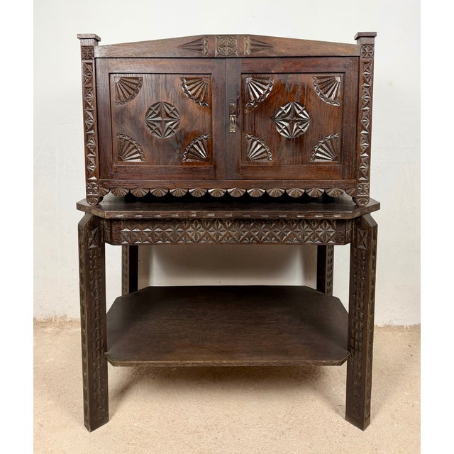 Spanish Carved Oak Bargueño on Stand, 1930 For Sale - Image 11 of 12