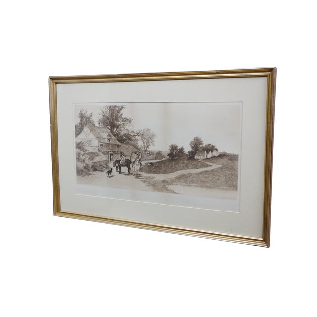 Antique late 19th century black and white etching titled "Wayside Inn" by Ernest Christian Rost. Country landscape with...