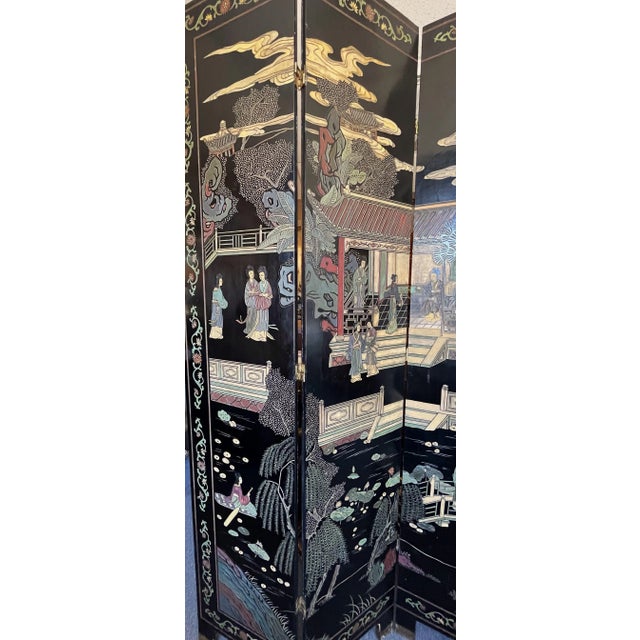 Monumental Vintage Asian Coromandel 4-Panel Floor Screen With Incised Painted Details For Sale - Image 4 of 13
