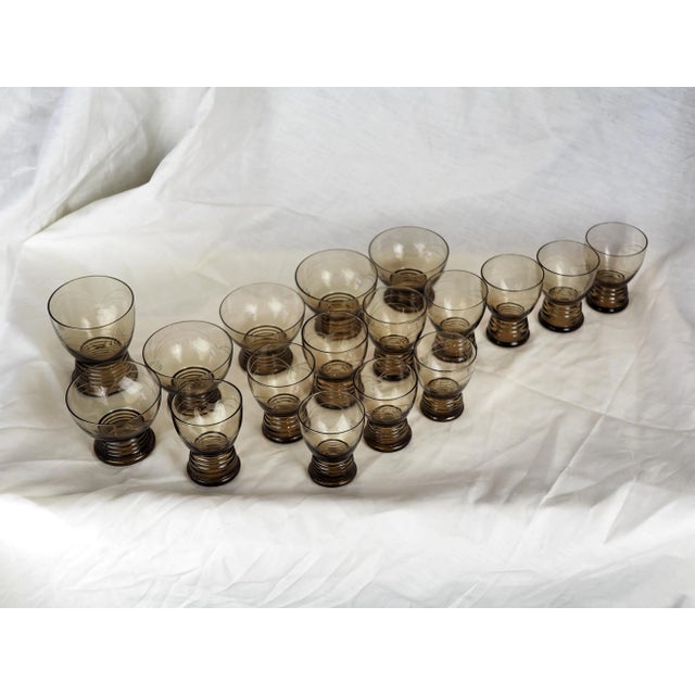 1970s 1970s French Smoked Blown Engraved Glasses- Set of 17 For Sale - Image 5 of 13