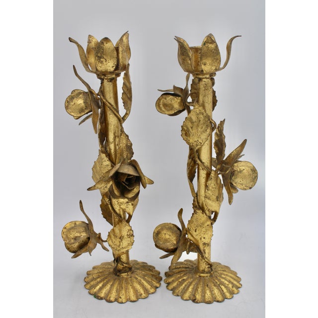 Metal Vintage Italian Gold Gilded Tole Candlesticks For Sale - Image 7 of 11