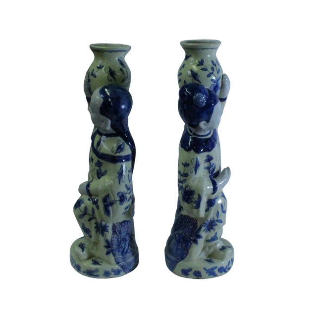 1970s Oriental Ceramic Cream Yellow Blue Couple Holding Jar Figures - a Pair For Sale - Image 5 of 8