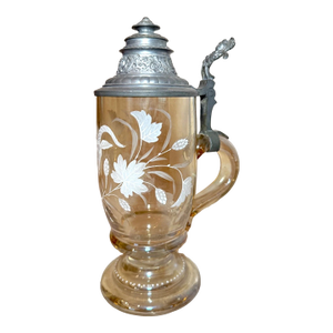 Large Antique Enameled Hand Blown Glass Pewter German Lidded Beer Stein Mug
