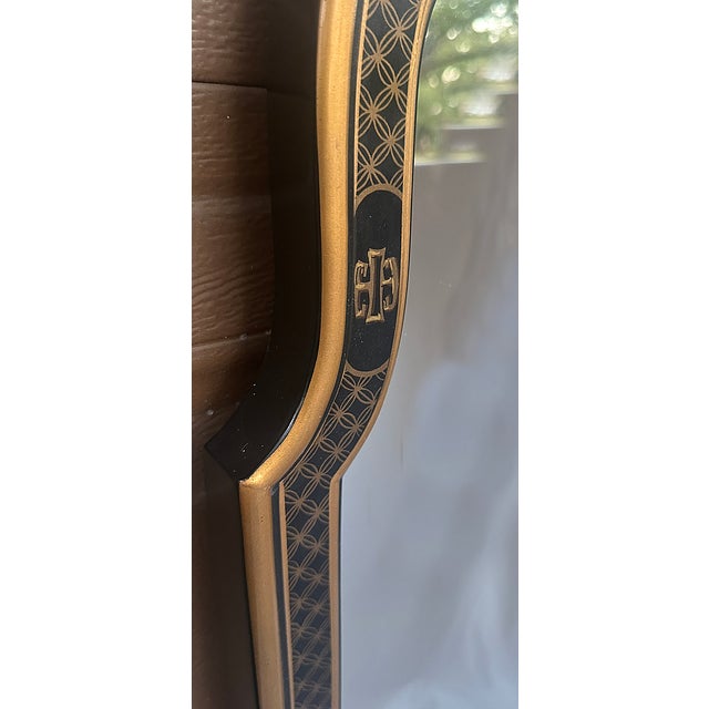 1970's Drexel Heritage Chinoiserie Black and Gold Hand Painted Wall Mirror For Sale - Image 9 of 14