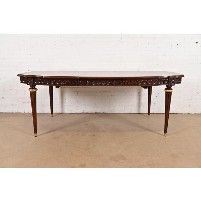 French Henredon Style French Regency Louis XVI Carved Mahogany and Burl Wood Extension Dining Table, Newly Refinished For Sale - Image 3 of 14
