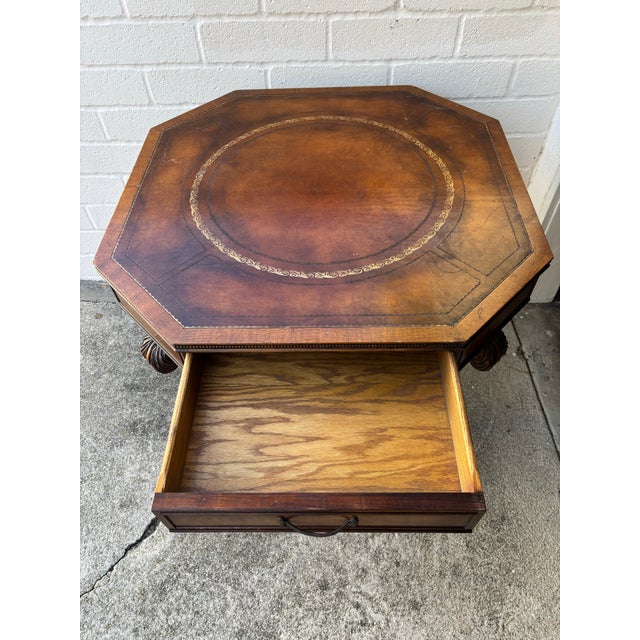 Early 20th Century Antique English Regency-Style Drum Table Is Constructed From Mahogany Wood and Features an Octagonal Leather Top With Gold Tooling For Sale - Image 5 of 10