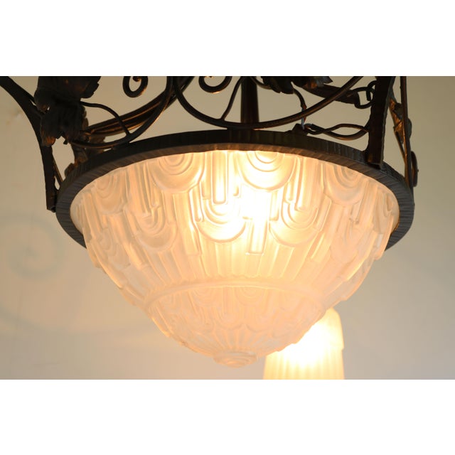 Antique French Art Deco Geometric Wrought Iron and Frosted Glass Chandelier, 1930 For Sale - Image 3 of 15