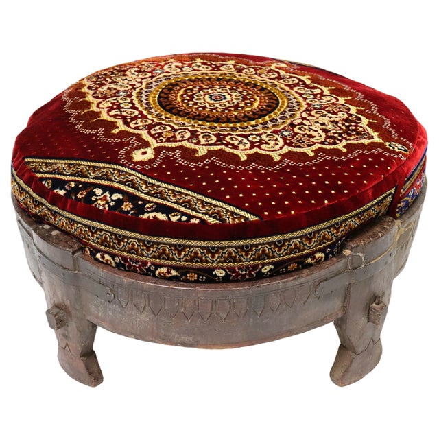 Antique Indian Hand Carved Chakki Rice Mill Stool or Ottoman, 1950s For Sale