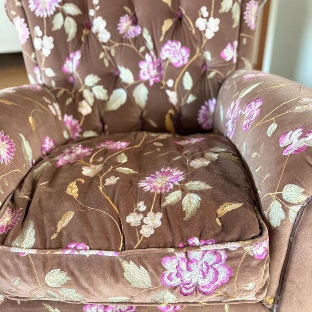 Shabby Chic Vintage Custom Traditional English Cottage French Floral Velvet Armchair + Ottoman For Sale - Image 3 of 12