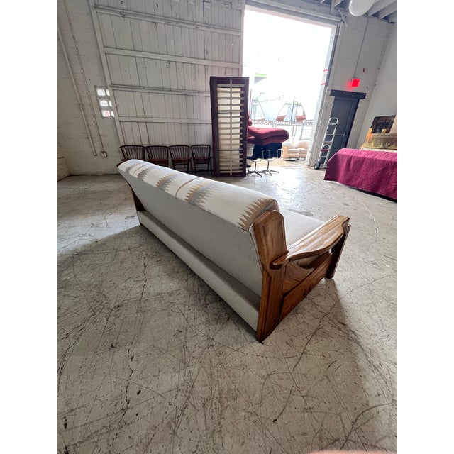 1980s Vintage Carved Wood Sofa With Western Saddle Blanket Upholstery For Sale - Image 5 of 6