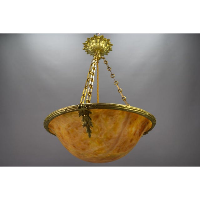French Neoclassical Style Amber Alabaster and Bronze Pendant Light, 1920 For Sale - Image 3 of 18