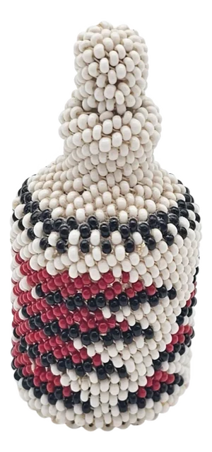 Mid-Century African Beaded Folk Art Glass Bottle – Red White Black With Original Cork