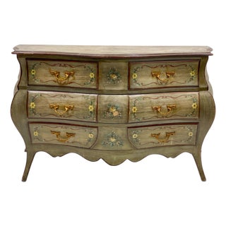 Mid-Century French Hand Painted Floral Bombe Chest or Commode For Sale