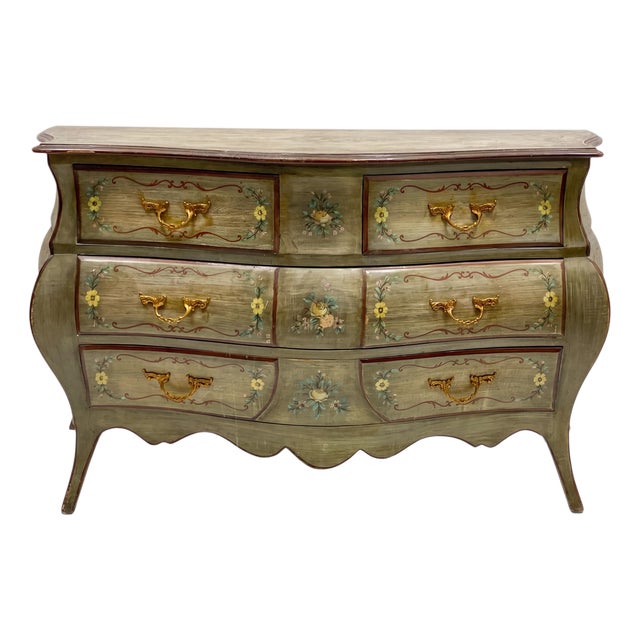 Mid-Century French Hand Painted Floral Bombe Chest or Commode For Sale