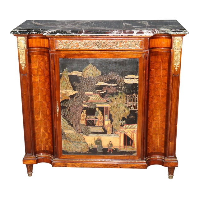French Louis XVI Maison Forest Marble Top Cabinet With Inset Chinoiserie Panels For Sale
