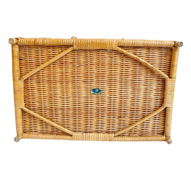 Wood Late 20th Century Lidded Wicker Picnic Basket With Handles For Sale - Image 7 of 8