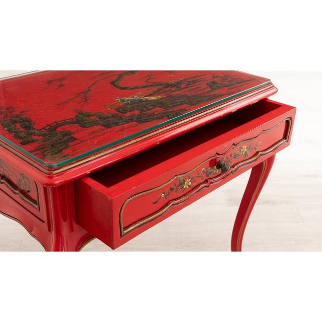 Mid-Century Red Lacquer Chinoiserie Secretary Chest and Side Tables, 1960s, Set of 3 For Sale - Image 3 of 8