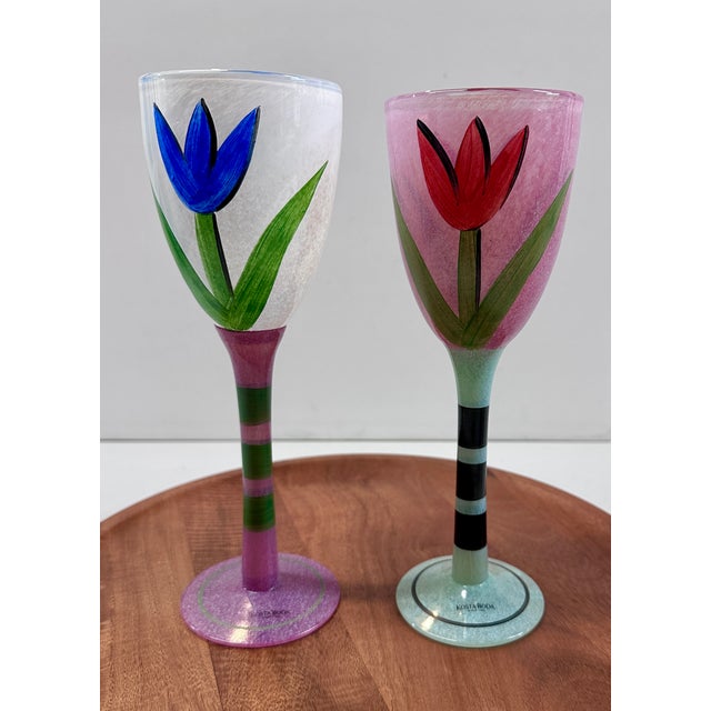 Mid-Century Modern Late 20th Century Kosta Boda “Tulipa” Hand-Painted Art Glass Goblets by Ulrica Hydman-Vallien – Pair For Sale - Image 3 of 18