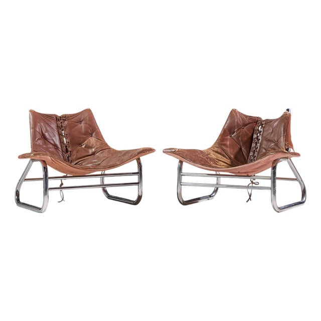 Johan Bertil Häggström for Swed-Form Mid Century Swedish Leather and Chrome Corset Chairs - Pair For Sale