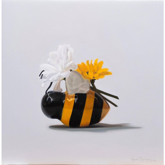The Tireless Bee by Karina Rodríguez | Oil on wood panel Still life of a bee with flowers. For Sale