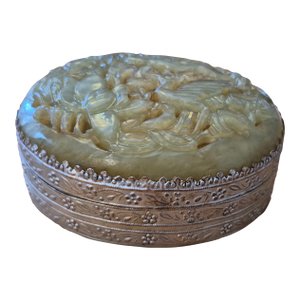 Delicate Vintage Carved Jade Trinket Box With Silver-Toned Base