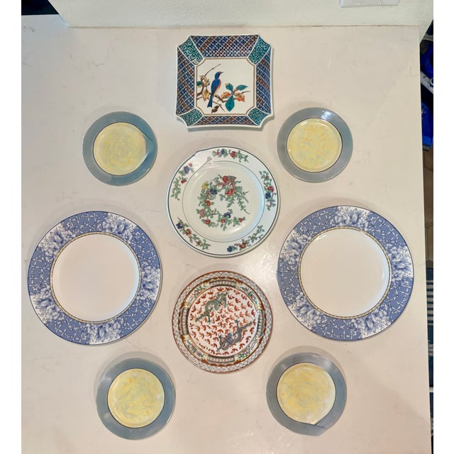 Art Deco sky blue and yellow vintage lusterware bread plates manage to both anchor and highlight the chinoiserie floral...