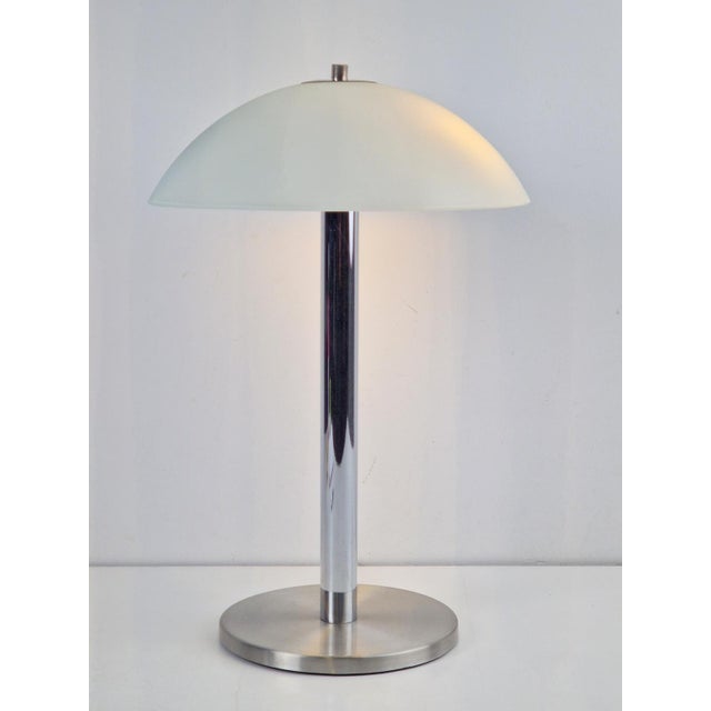 Bauhaus mushroom Table Lamp in Chrome, Steel, and Opaline Glass, 1940 made of steel and sandblasted glass shade design...