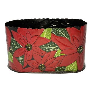 Vintage Hand Painted Tole Christmas Poinsettia Planter Box For Sale