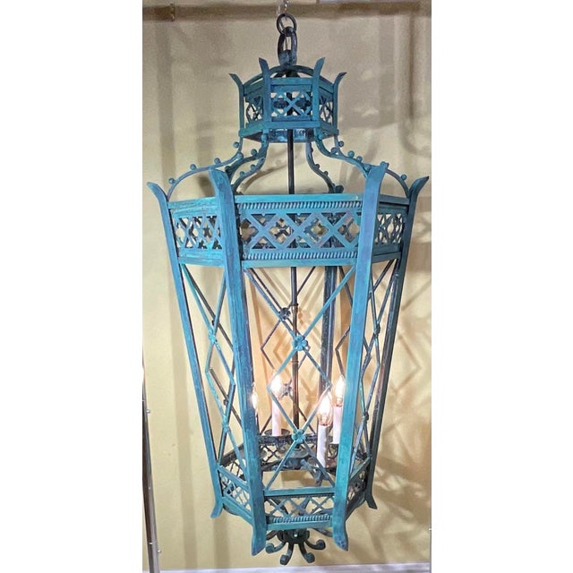 Rustic Exquisite Large Hand-Forged Iron Lantern – Verdigris Patina - 47” High X 24”Wide For Sale - Image 3 of 18