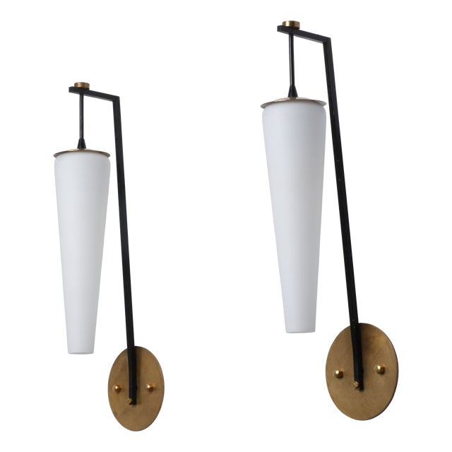 Large Italian Brass, Black Metal and Opaline Glass Sconces, 1950s, Set of 2 For Sale
