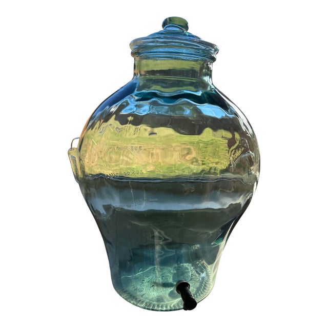 1970s Sve 5-Gallon Aqua Hand-Blown Glass Beverage Dispenser With Lid For Sale