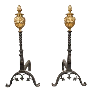 Pair of Renaissance Revival Brass and Wrought Iron Andirons