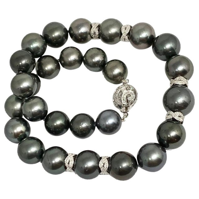 Diamond Tahitian Pearl 14k Gold Necklace Certified For Sale - Image 9 of 10