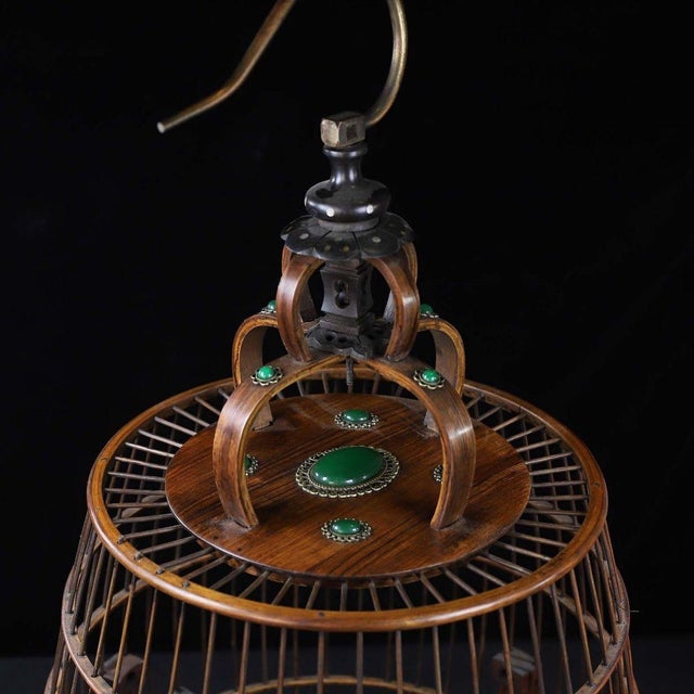 Vintage Hardwood Birdcage With Gemstone Inlay and Porcelain Cups For Sale - Image 9 of 9