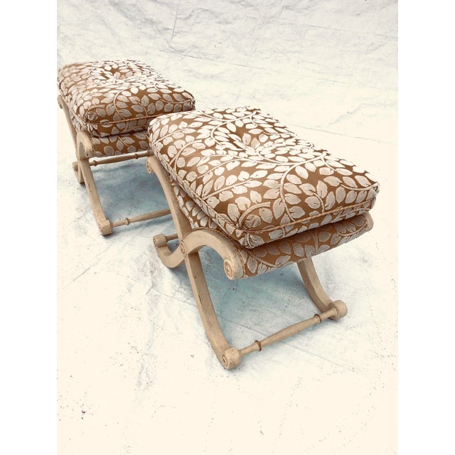 French Provincial Vintage Hollywood Recency Solid Wood X Base Pillow Top Stools S/2 For Sale - Image 3 of 13