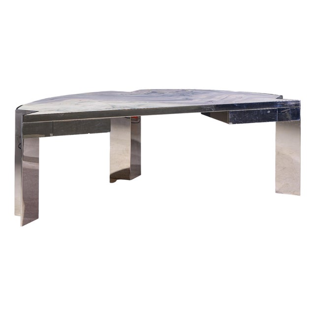 Leon Rosen for Pace Collection Mezzaluna Mid Century Chrome and Stone Desk For Sale