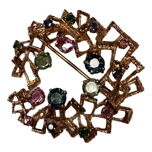 Modern 9ct Gold Brooch with Sapphires and Emeralds, 1960s For Sale