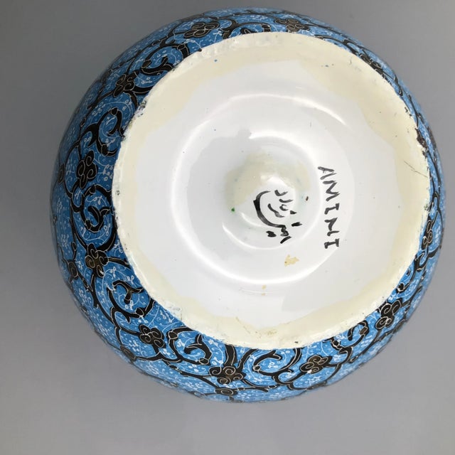 Vintage Ottoman Style Persian Enamel Floral Mouth Vase Blue Gold and White Enamel Over Metal Body With Artist Mark For Sale In Sacramento - Image 6 of 13