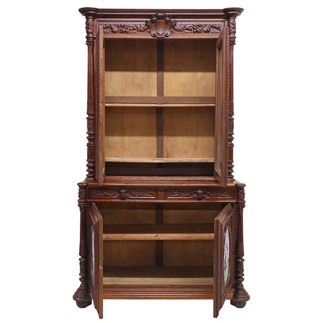 19th Century 19th Century 'S Antique French Henri II Carved China Cabinet, Porcelain, Buffet Deux Corps!! For Sale - Image 5 of 7